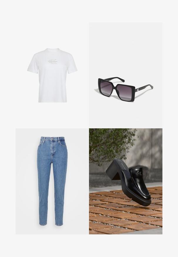 Weißes Kurzarm-T-Shirt mit Rundhalsausschnitt und hellbeigem Calvin Klein-Logo zentral auf der Brust.; Blaue hochtaillierte gerade Jeans mit verdecktem Knopf und Reißverschluss, Gürtelschlaufen und Taschen, vor einem schlichten weißen Hintergrund präsentiert.; Schwarze Leder-Slip-on-Mule von Calvin Klein mit Blockabsatz, die auf Holzfliesen im Freien nahe einer grünen Pflanze und einer grauen Wand ruht.; Schwarze quadratische Sonnenbrillen mit grauen Verlaufslinsen. Glänzende Rahmen mit klaren Linien. Silbernes Logo-Detail an den Schläfen.