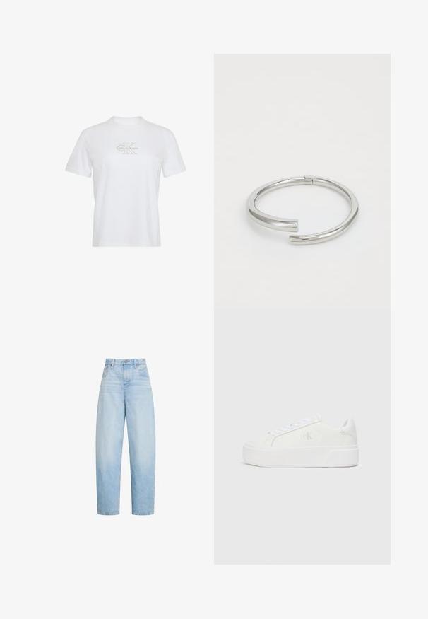Witte katoenen t-shirt met korte mouwen, een ronde hals en een goudkleurig gedrukt Calvin Klein-logo aan de voorkant.; Lichtblauwe, hooggetailleerde, rechte jeans met voorzakken, riemlussen en knoopsluiting.; Witte platform sneakers met een gladleren bovenkant, ronde neus, witte veters en subtiele logodetail aan de zijkant. Platte rubberen zool.; Calvin Klein SPIRAL - Armband - silver-coloured