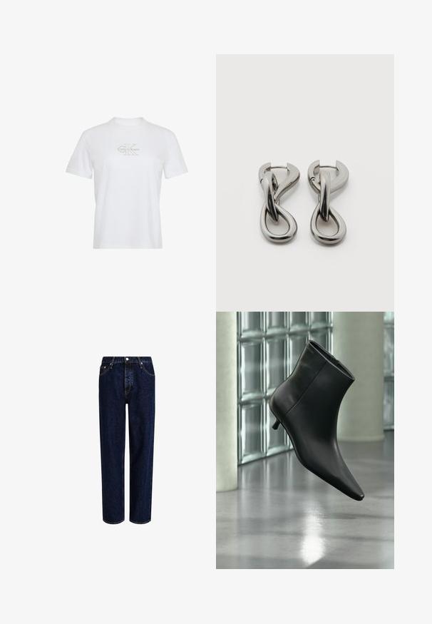 Wit T-shirt met korte mouwen, ronde hals en lichtbeige Calvin Klein-logo gecentreerd op de borst.; Donkerblauwe denim jeans met een straight-leg ontwerp, voorzien van een hoge taille, vijf zakken en contrasterende stiksels. Geen versieringen.; Zwarte leren enkellaars met spits toelopende neus en lage kittenhak, schuin weergegeven tegen een gepolijste vloer en een glazen blokken muur als achtergrond.; Set zilverkleurige metalen oorbellen met een abstract ontwerp van in elkaar grijpende lussen op een witte achtergrond.