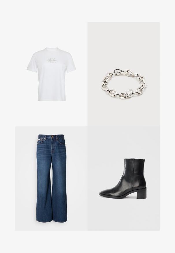Camiseta blanca de algodón con mangas cortas, cuello redondo y un logo de Calvin Klein en dorado impreso en el frente.; Vaqueros de pierna ancha hechos de denim azul oscuro. Incluyen una cintura alta, cinco bolsillos y costuras en contraste de color naranja a lo largo de las costuras.; Botín de cuero negro hasta el tobillo con punta afilada, tacón bajo y bloque, y sutil logotipo embosado. Textura suave con un diseño elegante y costuras mínimas.; Pulsera de cadena gruesa en tono plateado con eslabones ovalados irregulares dispuestos en forma circular sobre un fondo blanco liso.