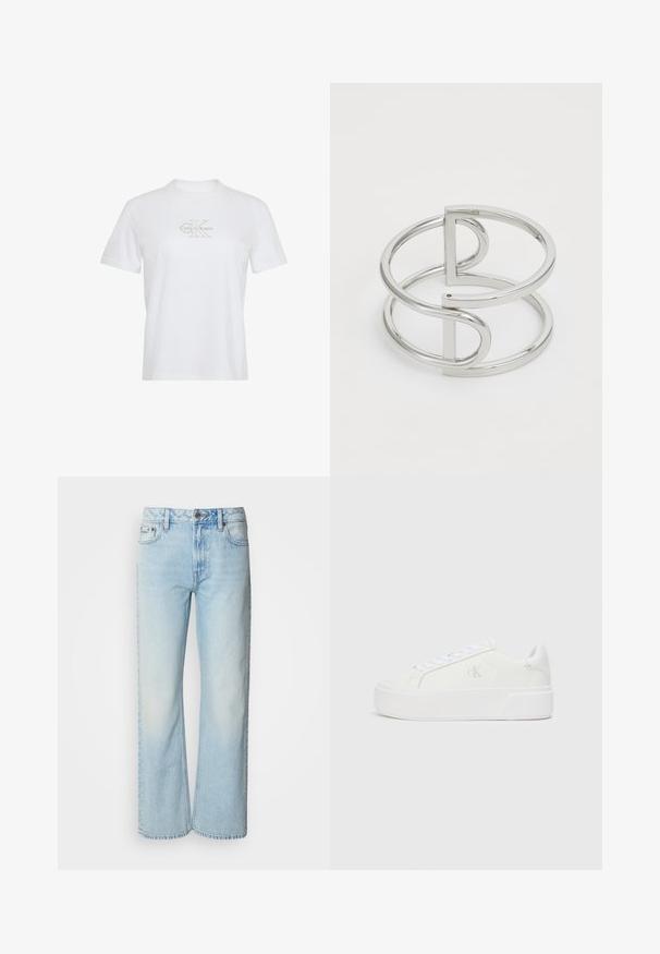 Weißes Baumwoll-T-Shirt mit kurzen Ärmeln, Rundhalsausschnitt und einem goldenen Calvin Klein-Logo auf der Vorderseite.; Helle blaue weit geschnittene Jeans aus Denim, mit einem klassischen Fünf-Taschen-Design und einer dezenten, gewaschenen Textur. Die Denim-Nähte sind sichtbar.; Weiße Plattform-Sneaker mit einem glatten Leder-Obermaterial, abgerundetem Zehenbereich, weißen Schnürsenkeln und dezentem Logo-Detail an der Seite. Flache Gummisohle.; Silberner Metallarmreif mit einem Doppel-Schleifen-Design, glatter, glänzender Oberfläche und einem minimalistischen geometrischen Akzent.