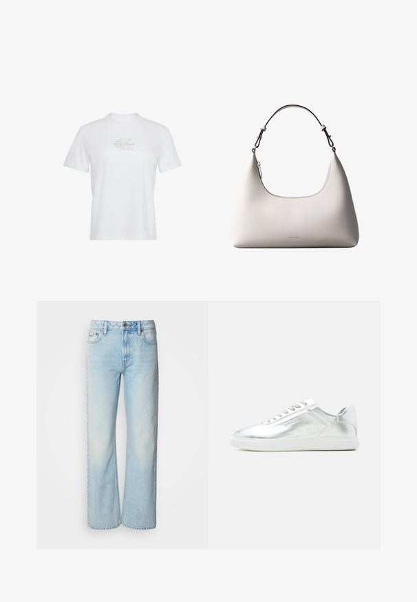 Witte katoenen t-shirt met korte mouwen, een ronde hals en een goudkleurig gedrukt Calvin Klein-logo aan de voorkant.; Lichtblauwe wijde jeans van denim, voorzien van een klassiek vijf-pocket ontwerp en een subtiele vervaagde textuur. Denimstiksels zijn zichtbaar.; Low-top metallic zilverkleurige sneaker met witte zool en veters, gladde textuur en subtiele reliëfbranding aan de zijkant.; Romige Calvin Klein leren schoudertas met gebogen bovenrand, zilveren rits en donkerbruine verstelbare riem.