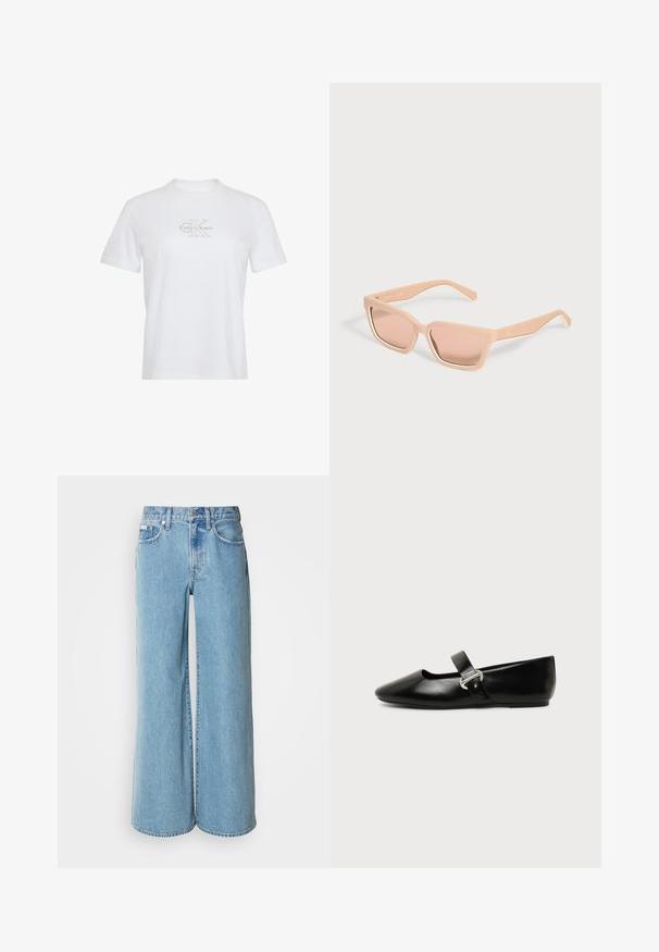 Camiseta blanca de manga corta con cuello redondo y logotipo Calvin Klein en beige claro centrado en el pecho.; Jeans de mezclilla de corte ancho en un tono azul claro, con cintura alta, diseño de cinco bolsillos y un ligero desgastado en la tela.; Zapato plano Mary Jane de cuero negro con punta redondeada y hebilla plateada sobre un fondo liso.; Gafas de sol rectangulares color melocotón claro con montura gruesa y lentes tintadas a juego sobre un fondo claro y liso.