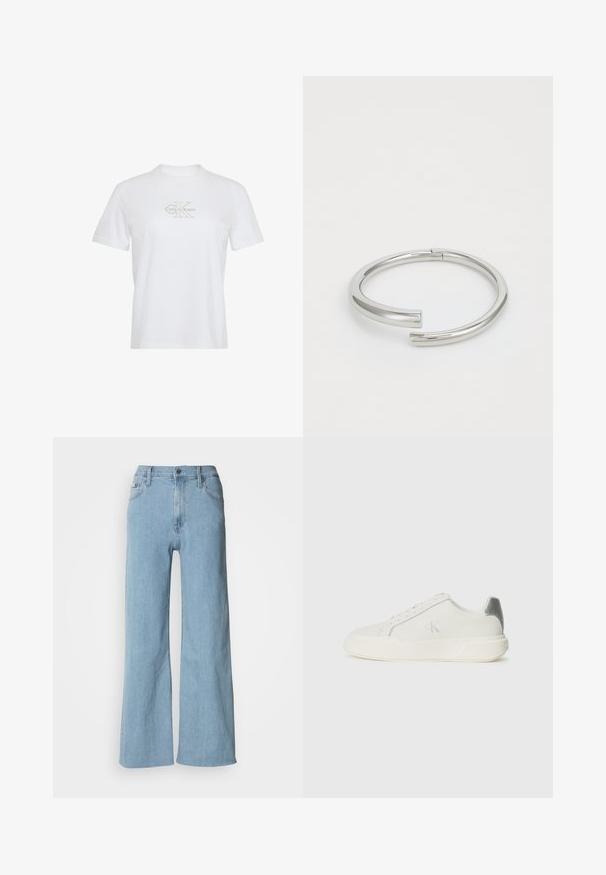 Witte katoenen t-shirt met korte mouwen, een ronde hals en een goudkleurig gedrukt Calvin Klein-logo aan de voorkant.; Lichtblauwe wijde jeans van denim, met een aansluitende taille, vijf-pocket ontwerp en subtiele stiksels.; Witte sneaker van leer met een gladde textuur, featuring een zilveren accent op de hiel, een platte zool en een minimalistisch ontwerp.; Calvin Klein SPIRAL - Armband - silver-coloured