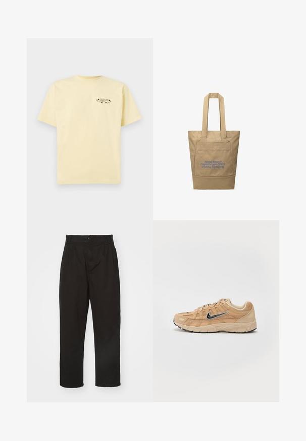 Camiseta de algodón amarilla con mangas cortas y cuello redondo, que presenta un logo gráfico impreso en la parte izquierda del pecho.; Pantalones negros de tela suave, con cierre de botón, corte recto y dos pliegues frontales que añaden detalle.; Zapatilla deportiva beige con materiales de malla y ante, silueta curva, suela negra, prominente logo plateado de Nike en el lateral y acentos texturizados.; Bolsa tote de lona beige con asas largas y bolsillo delantero, con texto en azul "Wood Wood® Copenhagen, 2002 Not to Be Trusted" impreso al revés.