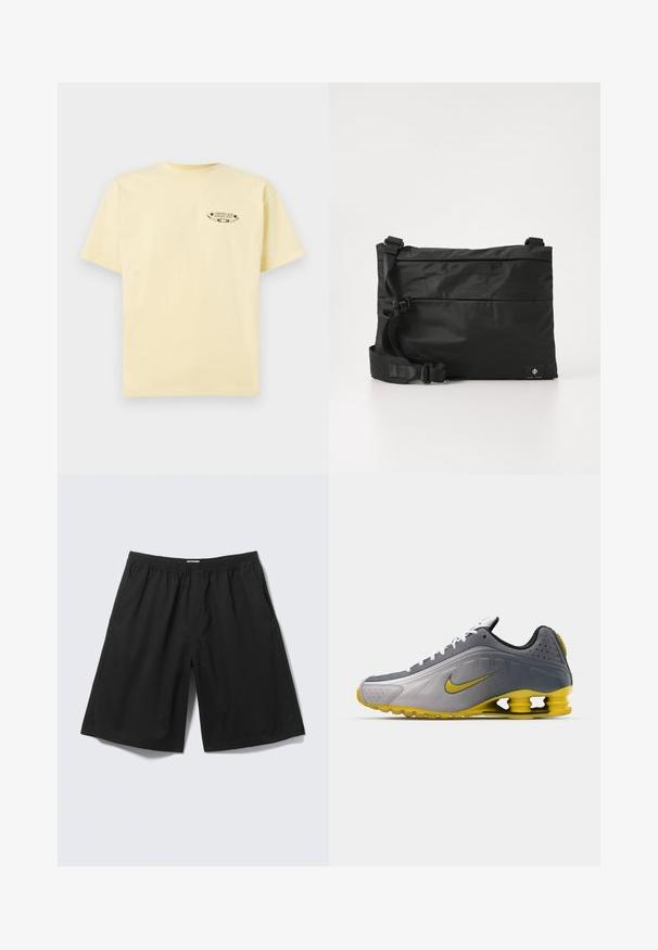 Geel katoenen t-shirt met korte mouwen en een ronde halslijn, met een bedrukt grafisch logo op de linkerborst.; Zwarte loszittende korte broek met elastische tailleband en zijzakken, weergegeven op een lichtgrijze achtergrond.; Nike Sportswear SHOX R4 SE UNISEX - Sneakers laag - vast grey/bright citron/light graphite/smoke grey/white/black; Zwarte nylon boodschappentas met verstelbare riem, plat ontwerp en een zijlabel met een logo. Soepele textuur en minimalistische stijl.