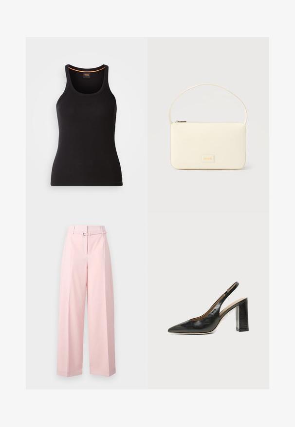 Débardeur noir côtelé avec un col rond. Présente une coupe ajustée et un accent orange au niveau du col. Logo de la marque discrètement brodé à l'avant.; Pantalon à jambes larges en rose doux, avec une taille haute, une ceinture à boucle argentée et des plis subtils pour plus de structure.; Chaussure slingback en cuir noir à bout pointu avec un talon bloc haut et une doublure intérieure beige sur un fond clair uni.; Sac à main rectangulaire de couleur crème avec une seule sangle et une fermeture éclair sur le dessus, comportant une petite plaque de logo embossé à l'avant.