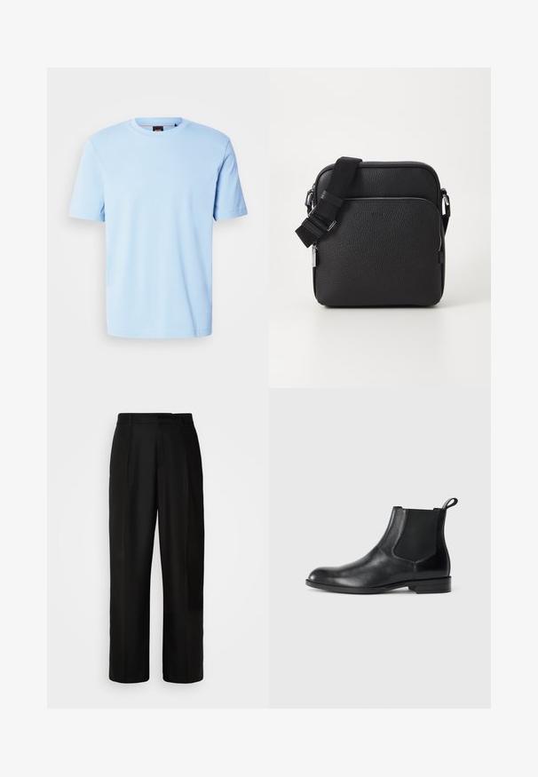 T-shirt bleu clair à manches courtes et col rond avec un logo discret embossé centré sur la poitrine et une étiquette noire à l'intérieur du col.; Pantalon noir avec une coupe droite, une texture douce, des plis avant et une taille standard. Design minimaliste sans motifs supplémentaires.; Bottine en cuir noir avec des panneaux latéraux élastiques, bout rond et tirette. Texture lisse, semelle plate, design minimaliste.; Sac bandoulière en cuir noir avec une surface texturée, doté d'une poche zippée à l'avant, d'une bandoulière ajustable et d'accents en métal.