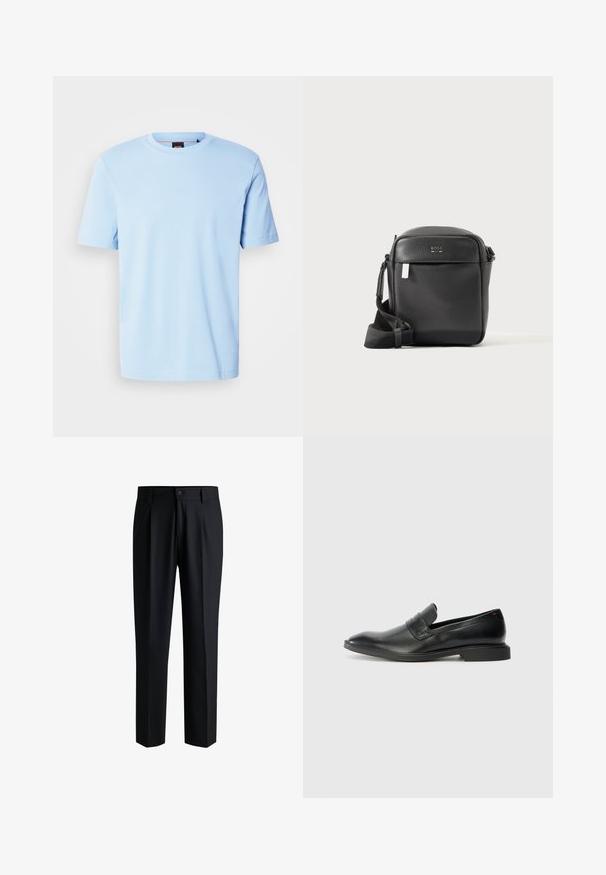 T-shirt bleu clair à manches courtes et col rond avec un logo discret embossé centré sur la poitrine et une étiquette noire à l'intérieur du col.; Pantalons noirs en tissu lisse, avec une coupe droite, des plis à l'avant et une fermeture à bouton avec passants de ceinture.; Mocassins en cuir noir avec une texture lisse, un nez pointu et un petit talon rectangulaire. Présente un détail de bande horizontale sur le dessus.; Sac bandoulière en cuir noir texturé avec poche avant et sangle réglable, présenté sur un fond clair uni.