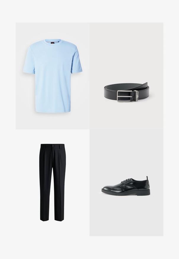 T-shirt bleu clair à manches courtes et col rond avec un logo discret embossé centré sur la poitrine et une étiquette noire à l'intérieur du col.; Pantalons noirs en tissu lisse, avec une coupe droite, des plis à l'avant et une fermeture à bouton avec passants de ceinture.; Chaussure habillée en cuir noir brillant avec un petit talon, fermeture à lacets et bout rond, vue de côté sur un fond uni et clair.; Ceinture en cuir noir avec une boucle rectangulaire argentée et une petite boucle argentée attachée, enroulée sur un fond blanc.