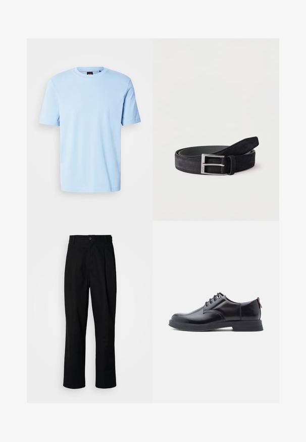 T-shirt bleu clair à manches courtes et col rond avec un logo discret embossé centré sur la poitrine et une étiquette noire à l'intérieur du col.; Pantalons noirs à jambes droites avec une taille à bouton, passants de ceinture et pli avant, présentés sur un fond blanc uni.; Chaussures en cuir noir à lacets avec une texture lisse, un bout arrondi et des détails de couture discrets. Présentent une languette rouge à l'arrière.; Ceinture en cuir suédé noir enroulée avec une boucle métallique rectangulaire argentée sur un fond blanc uni.