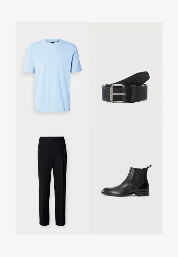 T-shirt bleu clair à manches courtes et col rond avec un logo discret embossé centré sur la poitrine et une étiquette noire à l'intérieur du col.; Pantalon noir droit sur mesure avec passants de ceinture et plis avant, présenté sur un fond clair uni.; Bottine en cuir noir avec des panneaux latéraux élastiques, bout rond et tirette. Texture lisse, semelle plate, design minimaliste.; Ceinture en daim noir roulée avec une boucle rectangulaire en métal argenté et une passant de ceinture cousu sur fond uni.