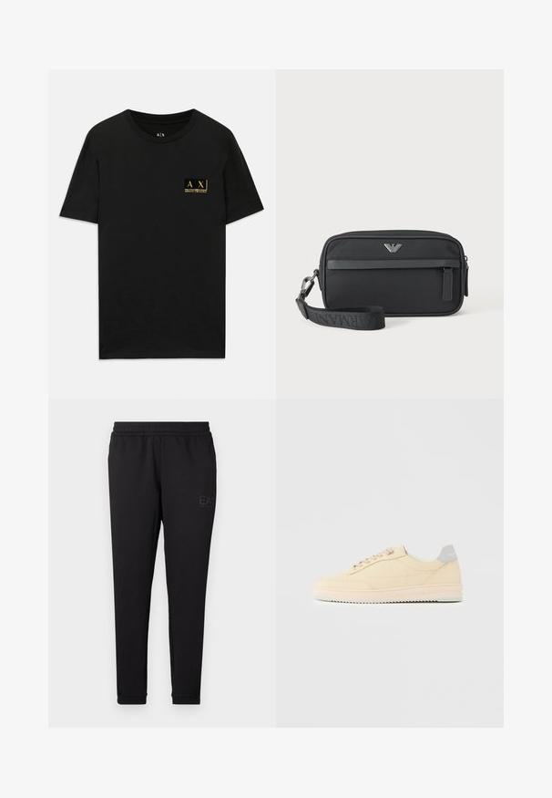 Sort bomulds T-shirt med rund halsudskæring. Har et lille guld logo-patch på venstre bryst med teksten "AX Armani Exchange". Klassisk pasform.; Sorte joggingbukser lavet af blødt stof, med elastisk talje, tætsiddende manchetter og et lille logo trykt på siden.; Beige lavtop sneaker med snørelukning foran, lyserød sål og grå hællap med mærket "Filling Pieces", vist i profil på ensfarvet baggrund.; Sort rektangulær håndledstaske med frontlynlåslomme, sølvlogoemblem og aftagelig rem med mærket tekst.