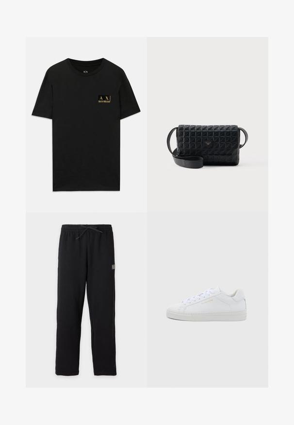 Sort bomulds T-shirt med rund halsudskæring. Har et lille guld logo-patch på venstre bryst med teksten "AX Armani Exchange". Klassisk pasform.; Sorte joggingbukser med elastisk talje og snøre, med et lille rektangulært EA7-logo på øvre venstre lår.; Hvide sneakers i lav model og læder med rund snude, flade snørebånd, tekstureret sål og diskret guldfarvet logo på siden. Glat overflade og minimalistisk design.; Sort tekstureret crossbodytaske med klaplukning og et lille metallogo foran, vist mod en ensfarvet baggrund.