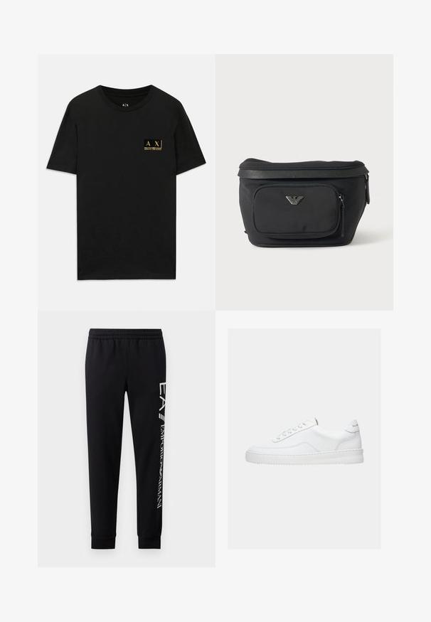Sort bomulds T-shirt med rund halsudskæring. Har et lille guld logo-patch på venstre bryst med teksten "AX Armani Exchange". Klassisk pasform.; Sorte sweatpants lavet af en bomuldsblanding, med elastisk talje, smalle ben, ribbede manchetter og hvidt logo print langs siden.; Hvid lavt sneaker med snørelukning, glat læderoverdel og tyk sål, vist fra siden på en ensfarvet baggrund.; Sort bæltetaske med frontlynlåslomme og sølv ørn-logo, glat stof med tekstureret kant og lynlåstræk.