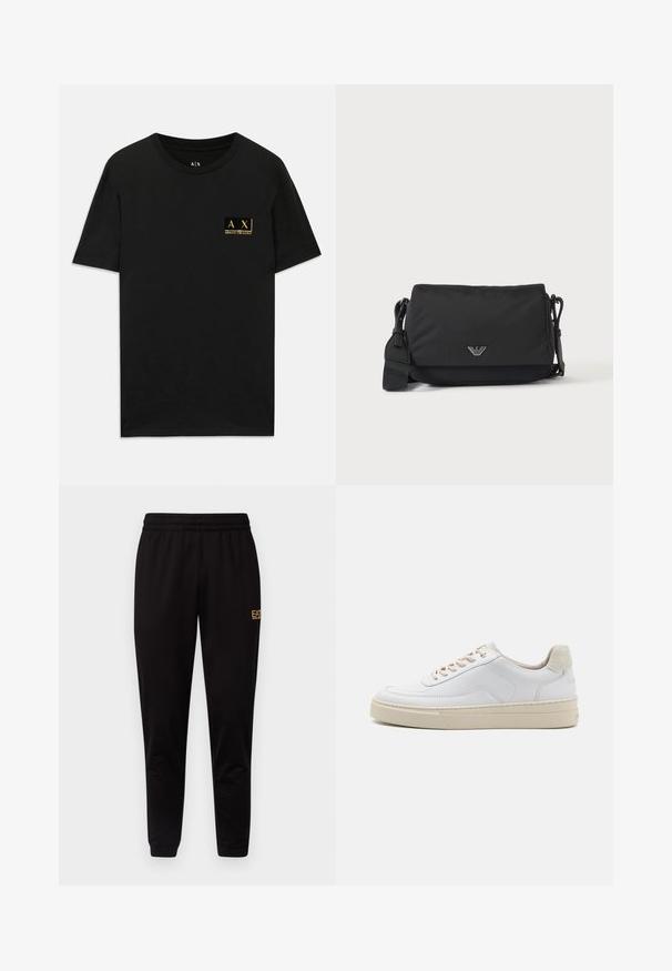 Čierne bavlnené tričko s okrúhlym výstrihom. Na ľavej hrudi je umiestnená malá zlatá nášivka s nápisom "AX Armani Exchange". Klasický strih.; Čierne tepláky s elastickým pásom, priliehavými manžetami a malým žltým logom na hornej ľavej nohe. Mäkká, hladká textúra látky.; Biele tenisky s hladkým koženým zvrškom, béžovými šnúrkami a textúrovaným béžovým semišovým pätovým panelom. Zvýšená podrážka pre väčšiu výšku.; Čierna crossbody taška s nastaviteľným popruhom a malým strieborným logom na prednej klape, zobrazená na jednoduchom svetlom pozadí.