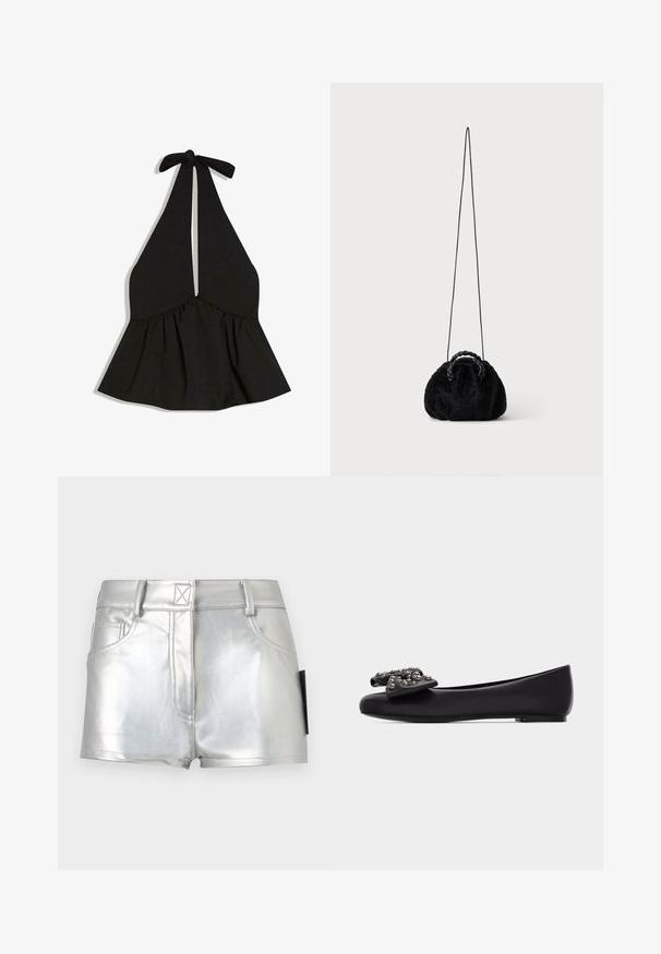 Top noir à col halter avec un décolleté plongeant en V, taille froncée et fermeture par nouage au niveau du cou, présenté sur un fond blanc.; Shorts métalliques argentés taille haute avec fermeture à boutons sur le devant, passants de ceinture et deux poches avant sur un fond gris clair uni.; Ballerine plate en cuir noir avec un nœud décoratif orné de clous métalliques sur le bout, vue de profil sur un fond blanc.; Petit sac à main noir en fausse fourrure avec poignées tressées sur le dessus et longue bandoulière fine sur fond uni.
