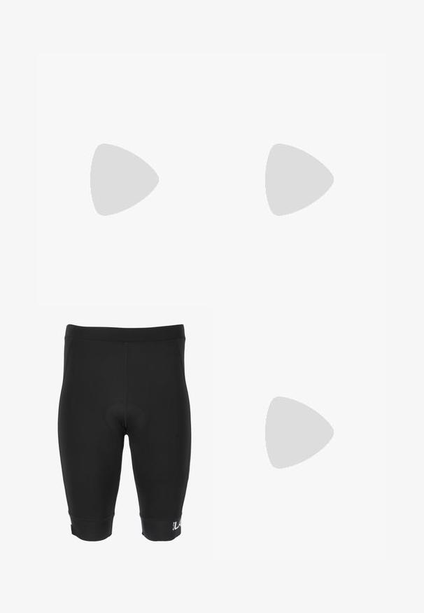 Korte mouwen fietstrui van zwart, glad materiaal. Heeft een ritssluiting aan de voorkant en "OAKLEY" in het wit gedrukt op de linkerkant.; Zwarte fietsbroek van rekbaar materiaal, met een padded inzet, gladde naden en een aansluitend ontwerp met een logo op de zoom.; Zwarte lage sportschoen met elastische bandjes, gestructureerde zool en de tekst "The Science of Thrill" aan de zijkant.; Zwarte sportzonnebril met grote groene lenzen, hoekig ontwerp en een matte afwerking. Heeft een opvallende neusstang en gestructureerde armen.