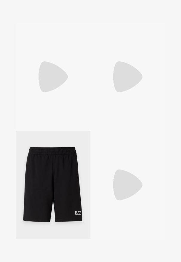 Tmavošedé tričko s dlhým rukávom a okrúhlym výstrihom s malým logom EA7 Emporio Armani na ľavej hrudi.; Čierne športové šortky vyrobené z mäkkej tkaniny, s elastickým pásom a malým bielym logom na dolnej pravej strane.; Čierne kožené tenisky s textúrovaným povrchom, viazacím dizajnom, nízkym strihom a šedou gumovou podrážkou s drážkovaným okrajom.; Čierna štvorcová kabelka cez rameno so zipsom, predným vreckom a nastaviteľným popruhom s vyrazeným názvom značky.