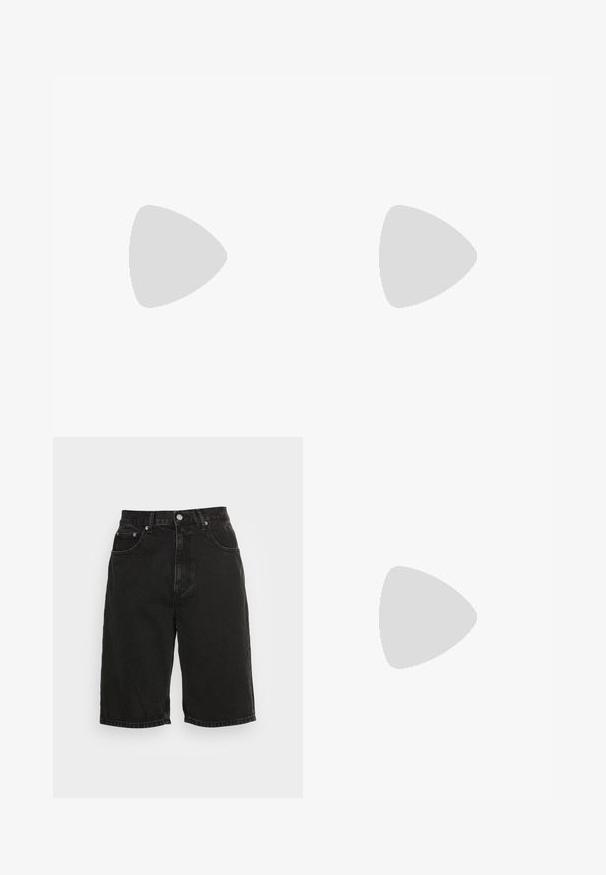 T-shirt blanc à manches courtes avec texte noir « Out of THIS WORLD » et un texte descriptif plus petit au centre devant, col rond.; Short en jean noir taille haute avec bouton à l'avant, fermeture éclair, passants de ceinture et cinq poches, sur un fond clair uni.; Baskets Nike Air Force 1 noir et blanc suspendues au-dessus d'une surface en béton rose avec un fond en pierre grise.; Lunettes de soleil rectangulaires noires avec une fine monture en métal et des verres foncés reposant sur une surface blanche.