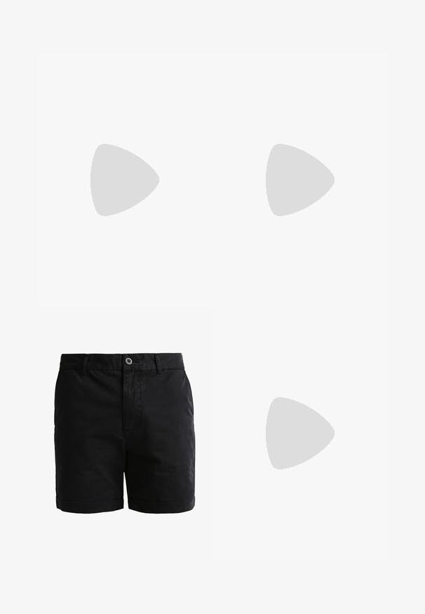 Donkerblauw t-shirt met korte mouwen gemaakt van zachte stof. Heeft een ronde hals en een gladde textuur, met minimale details.; Zwarte katoenen shorts met een gladde textuur, knoopsluiting en opgerolde boorden. Bevat riemlussen en voorkantzakken voor praktische gebruiken.; Witte leren sneaker met zwarte suède accenten; voorzien van een rubberen zool, ronde neus en een klassieke vetersluiting. Zijkant met logo in het zwart.; Ronde zwarte zonnebril met donker groene lenzen, plastic frame en metalen accenten op de tempels. Glad oppervlak, minimalistisch ontwerp.