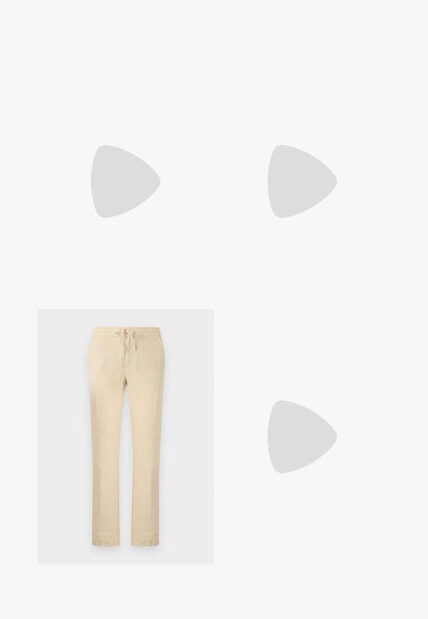 Lichtblauwe polo met korte mouwen, een kraag en een ontspannen pasvorm. Zachte, gestructureerde stof met een subtiel gemêleerd patroon.; Beige linnen broek met rechte pijpen, een elastische tailleband en een trekkoord aan de voorkant.; Witte lage lederen sneaker met beige zool, zijveters en minimale stiksel details, getoond op een eenvoudige lichtgrijze achtergrond.; Lichtbruine leren crossbodytas met verstelbare band en ritssluiting, getoond tegen een effen lichte achtergrond.