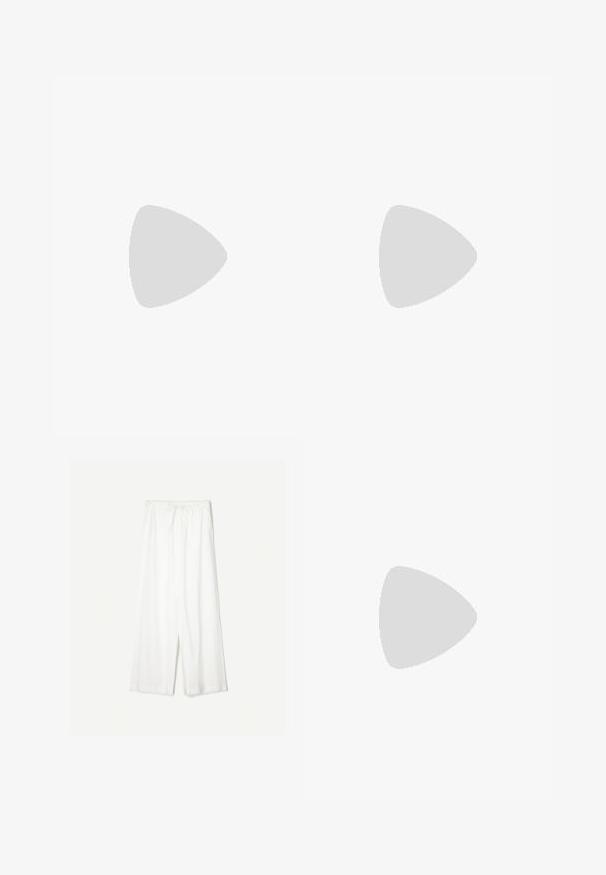 Wit shirt met lange mouwen en boothals, gemaakt van zachte stof, afgebeeld op een effen witte achtergrond.; Witte wijde broek met elastische tailleband en trekkoord, gemaakt van lichtgewicht stof.; Crème leren sneaker met drie donkere strepen, een bruine gumrubberen zool en een ronde neus. Voorzien van een opvouwbare tong met het label "SAMBA."; Zwarte cat-eye zonnebril met donkergrijze lenzen, slank plastic frame, puntige hoeken en rechte pootjes. Geen zichtbare hardware of accenten.