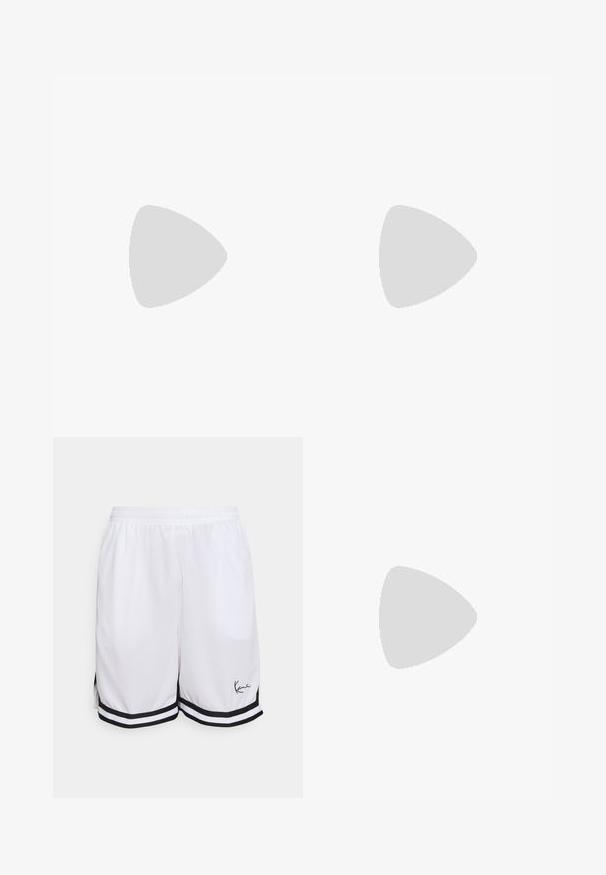 Rotes Baumwoll-T-Shirt mit Rundhalsausschnitt, kurzen Ärmeln und einem kleinen schwarzen Logo auf der linken Brust und dem Ärmel. Glatte, einfarbige Stoffqualität.; Weiße sportliche Shorts aus leichtem Stoff, mit einem schwarzen gestreiften Saum und einem signierten Logo auf der linken untersten Vorderseite.; Weißer Nike Air Force 1 Sneaker mit rotem Swoosh-Logo, der über einer Betonbrüstung und Treppen im Hintergrund schwebt.; Silberne Kettenhalskette mit ineinandergreifenden Gliedern, glatter Textur und einheitlicher rechteckiger Form. Sicherer Verschluss.
