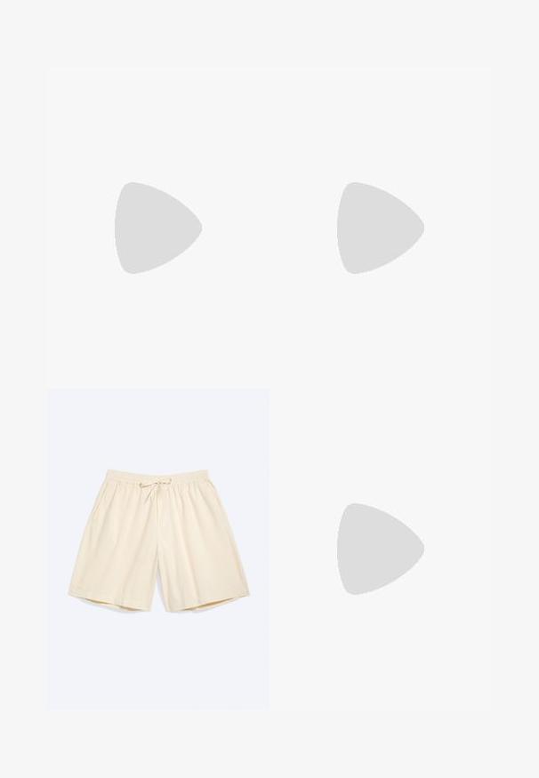 Kermanshade hihaton paita, joka on valmistettu ribbikankaasta, jossa on pyöreä kaula-aukko ja hillitty brodeerattu logo edessä.; Kermanväriset polven pituiset shortsit, joissa on joustava vyötärönauha ja kiristysnauha, sivutaskut ja jotka on tasaisesti asetettu vaalealle taustalle.; Mustavalkoinen marmoroitu liukusandaali, jossa on Tommy Hilfigerin logo, beigellä matolla lähellä pyöreää, meripihkankeltaista pöytää.; Ruskea nahkavyö, jossa kultainen suorakaiteen muotoinen metallisolki, rullattuna tasaisesti valkoista taustaa vasten.
