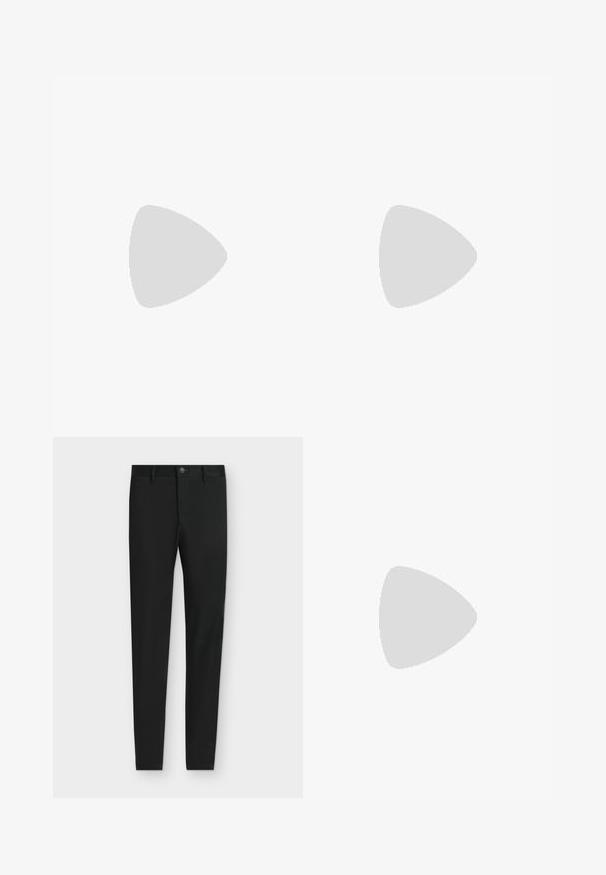 T-shirt en coton bleu marine à manches courtes et col rond, avec une texture lisse et sans motifs ni logos visibles.; Pantalon noir coupe slim avec passants de ceinture, fermeture boutonnée et poches avant, présenté à plat sur un fond gris clair.; Sneaker blanche avec un dessus en cuir lisse, des lacets beige et un onglet de talon en daim beige texturé. Semelle surélevée pour une hauteur supplémentaire.; Sac à bandoulière en cuir noir avec une finition texturée, de forme rectangulaire, fermeture zippée et bandoulière réglable. Présente un logo de marque discret sur le devant.