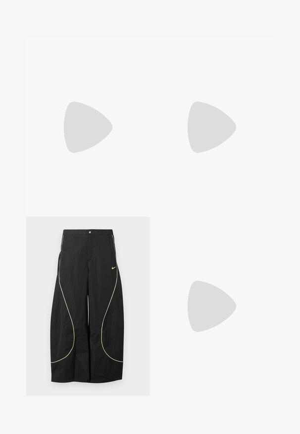 Maillot de football Nike jaune avec des panneaux latéraux verts, des accents noirs et des détails rouges. Présente un design rond noir avec le chiffre "90" sur le devant.; Pantalon large noir Nike avec passepoil courbé vert néon et petit logo Nike Swoosh sur la cuisse droite, fermeture par bouton et zip à la taille.; Chaussure de course noire Nike avec amorti segmenté de la semelle et motif blanc tacheté sur le tissu supérieur, vue de côté extérieur.; Arnette HOT SHOT - Lunettes de soleil - dark grey