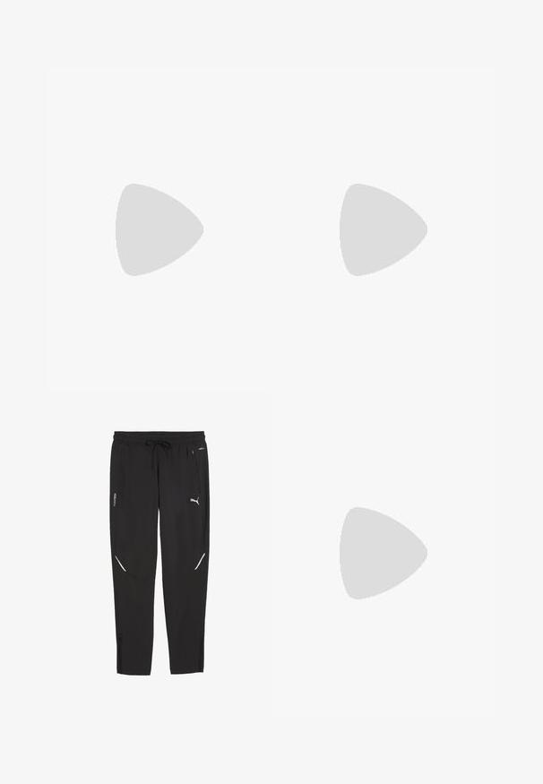 Zwart sportief T-shirt met korte mouwen, met een mesh gedeelte op de bovenborst en schouders, met het logo "Calvin Klein" centraal op de voorkant.; Zwarte Puma sportbroek met elastische tailleband, trekkoord, ritszakken aan de zijkant en wit Puma-logo op het rechterbeen.; Witte sportieve schoenen met een zachte bovenkant en gevoerde kraag, voorzien van een kenmerkende textuurzool voor grip en subtiele branding aan de zijkant.; Zwarte nylon schoudertas met een gladde textuur, ritssluiting, verstelbare schouderband en een geïmmerde logodetail aan de voorkant.