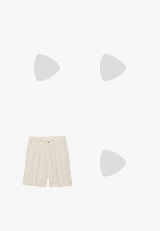 Chemise à manches courtes avec col en tissu teal clair, présentant un design subtil avec des motifs et des textures. Une poche poitrine.; Shorts en lin beige avec taille élastique, cordon de serrage et poches latérales. Coupe décontractée avec jambe droite et ourlet retourné.; Sandale tong en cuir marron foncé avec une large sangle à la cheville et une semelle plate noire, montrée de profil sur fond gris.; Lunettes de soleil en écaille de tortue avec des verres verts, présentant une forme octogonale et des branches minces et courbées. Le matériau a une finition brillante.
