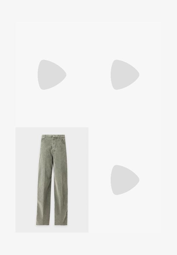 Beige short-sleeve knit sweater with a ribbed hem and cuffs, open collar, and V-neckline.; Green corduroy straight-leg pants with front button and zipper, belt loops, and side and back pockets, shown flat on a plain background.; Black leather ballet flats with a rounded toe and minimal stitching. Low, rectangular heel and smooth texture. Subtle interior lining detail.; Small burgundy leather clutch purse with silver metal clasp and wrist strap on a white background.