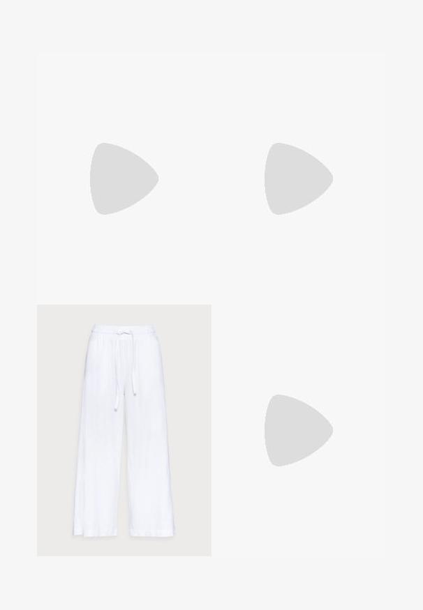 Witte V-hals t-shirt met korte mouwen, gemaakt van lichtgewicht stof, met een gladde textuur en een ontspannen pasvorm. Geen patronen of accenten.; Witte linnen wijde broek met een elastische tailleband en een trekkoord, een soepele textuur en een losse pasvorm voor comfort.; Lichtbruine platte sandaal met teenstuk, suède bandjes en verstelbare gouden gesp op het enkelriempje, zijaanzicht.; Schildpadbril met een gradient lens en dunne gouden metalen accenten. Beschikt over ronde monturen en slanke arms voor een moderne uitstraling.