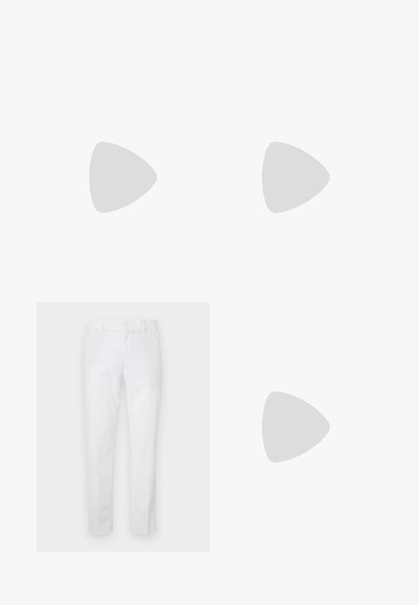 Sort bomulds t-shirt med rund hals, korte ærmer og et hvidt rektangulært "HUGO" logo på brystet. Glat overflade, afslappet pasform.; Hvide bukser med slim pasform, bæltestropper og sidelommer, vist fladt på en lys baggrund.; Sorte snørestøvler i læder med glat tekstur, rundet tå og diskrete syningsdetaljer. Har en rød trækflig på hælen.; Sorth læder crossover taske med en tekstureret overflade, der har en frontlomme med lynlås, justerbar strop og metal hardware detaljer.