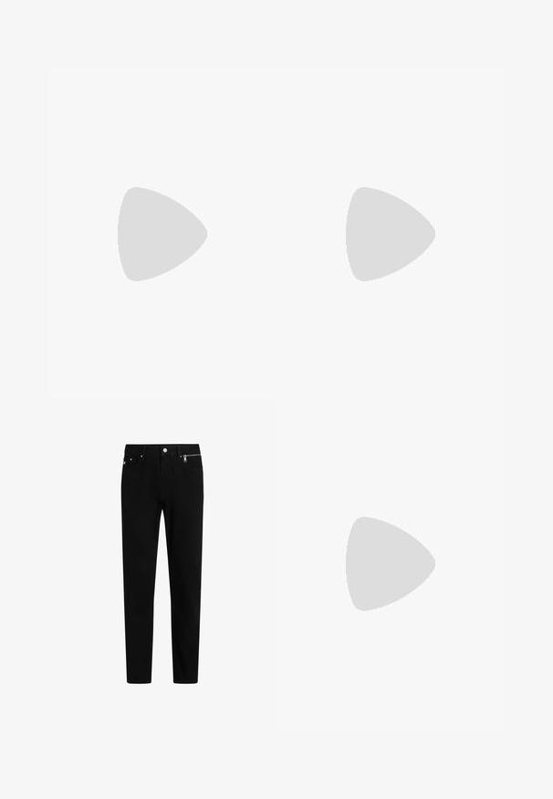 Polo shirt noir en coton avec un col, trois boutons et un petit logo blanc sur la poitrine gauche. Manches courtes et coupe droite.; Pantalon en denim noir à coupe droite, doté d'une fermeture frontale par bouton et zip, de deux poches latérales, et d'un logo de marque discret sur la ceinture.; Mocassin en cuir noir avec détail de bride grise, talon bas et semelle texturée, marqué "HUGO" en or sur le côté.; Lunettes de soleil noires avec des verres rectangulaires, finition mate, épaisses montures et branches fines comprenant un subtil détail de marque.