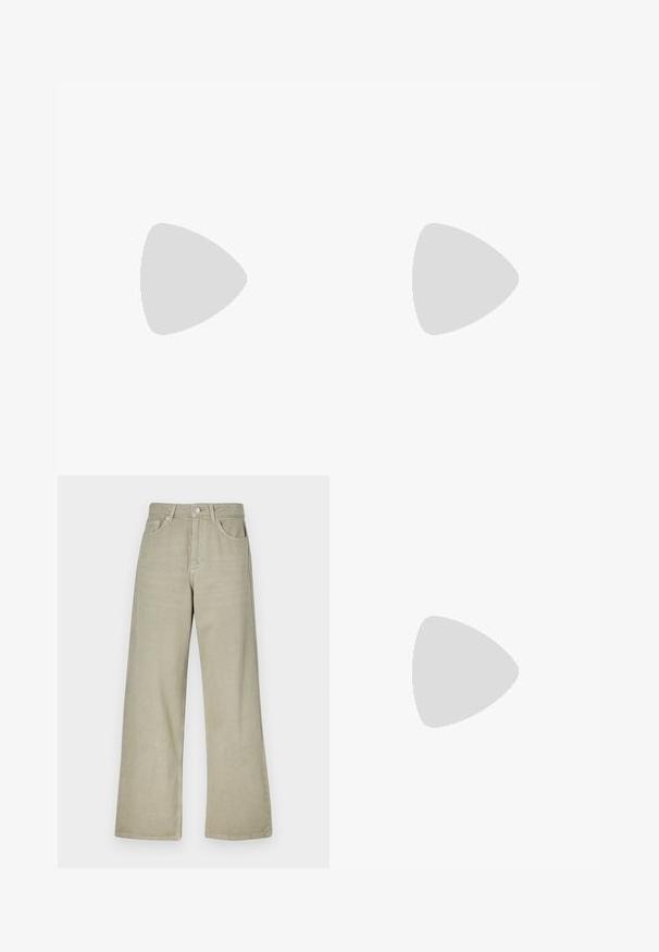 T-shirt beige à manches courtes avec le texte "RVCA", un graphisme de cheval au galop, et les phrases « De beaux jours à venir ! Faites la différence » en lettres dorées.; Jeans larges en khaki en mélange de coton. Comprend une fermeture à bouton, cinq poches et une finition en tissu propre et texturé.; Ballerines en cuir verni noir avec un bout rond, un design à lacets et une semelle plate. Texture lisse avec peu de détails.; Sac à épaule en velours côtelé noir avec une forme courbée, bandoulière réglable et fermetures à cordon des deux côtés pour un ajustement de taille.