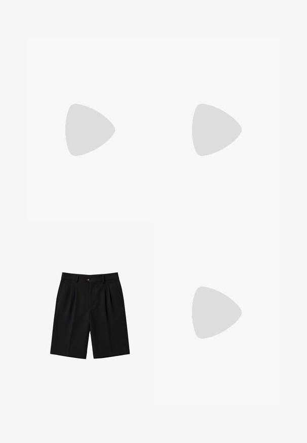 Olijfgroen polo shirt met lange mouwen, gemaakt van gestructureerde stof. Heeft een kraag, een drieknoopsluiting en een ontspannen pasvorm.; Zwarte, op maat gemaakte knielange shorts met plooien aan de voorkant, zijzakken, riemlussen en een knoopsluiting in de taille.; Zwarte leren loafer zweeft boven een glanzende zilveren leren bank met knopen in een minimalistische setting.; Ray-Ban zonnebrillen met groene lenzen, zwarte plastic monturen en gouden accenten aan de randen. Vierkante vorm met een matte afwerking.