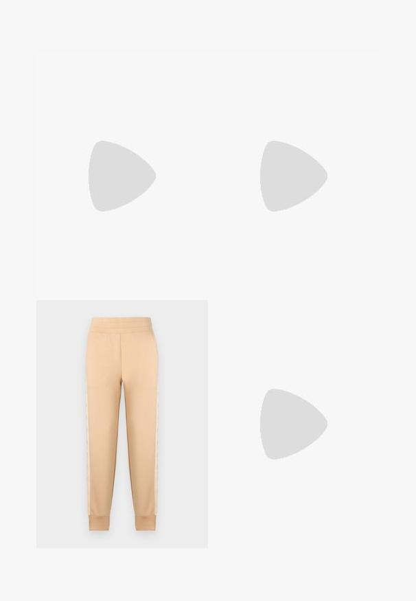 Hea sinine ilma varrukateta ribakujuline tank top, millel on ümmargune dekoltee ja väike logo tikand keskel. Sile tekstuur, tihe siluett.; Beežid spordipüksid sujuva tekstuuriga, kitseneva disainiga, elastse vöökohaga ja mustriliste külgpaneelidega.; Hele beež värvi tennised seemisnahast ja mustrilise kangaga, paeltega disain, poolt metallist bränditud logo ja kummist talla.; Beige hobo-kott, mis on valmistatud siledast sünteetilisest materjalist, kumer kuju, üks sang ning subtilne logo esiküljel. Lukuga sulgemine.