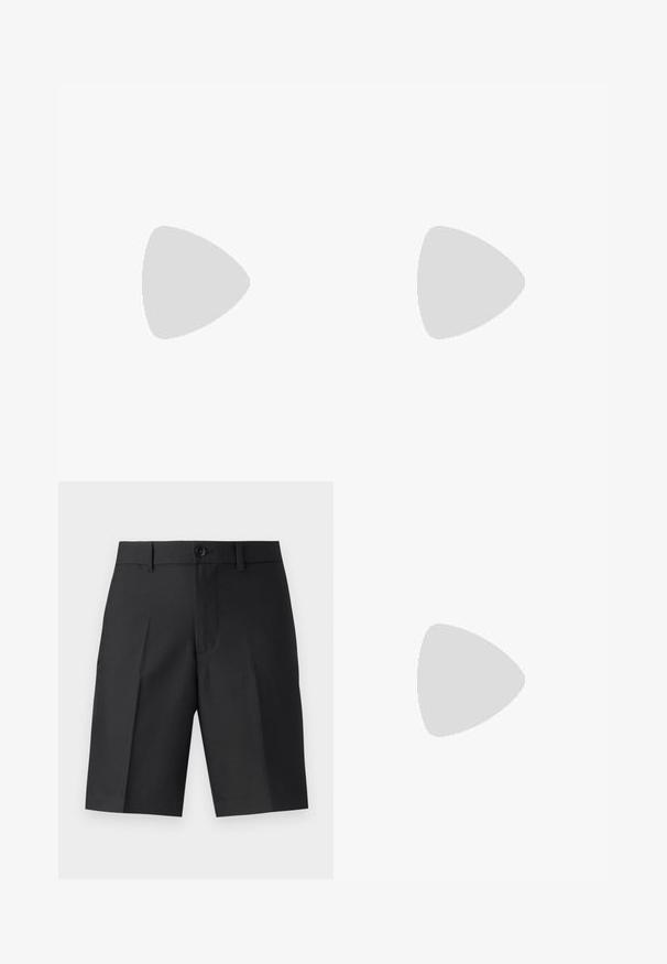 Lyseblå polo-shirt med korte ærmer, krave, tre-knaps placket og et diskret logo på brystet. Blødt strikket materiale.; Sorte skræddersyede shorts lavet af letvægtsstof, med lige snit, enkelt plisseringer og lukning med en frontknap.; Sort lavtop sneakers med snørelukning, flad sål og lille "HUGO"-mærke på siden, vist i profil mod en lys baggrund.; Sort læder bæltevõs med tekstureret finish. Funktioner inkluderer prægede brandnavn, lynlåslukning, justerbar rem og minimalistisk design.