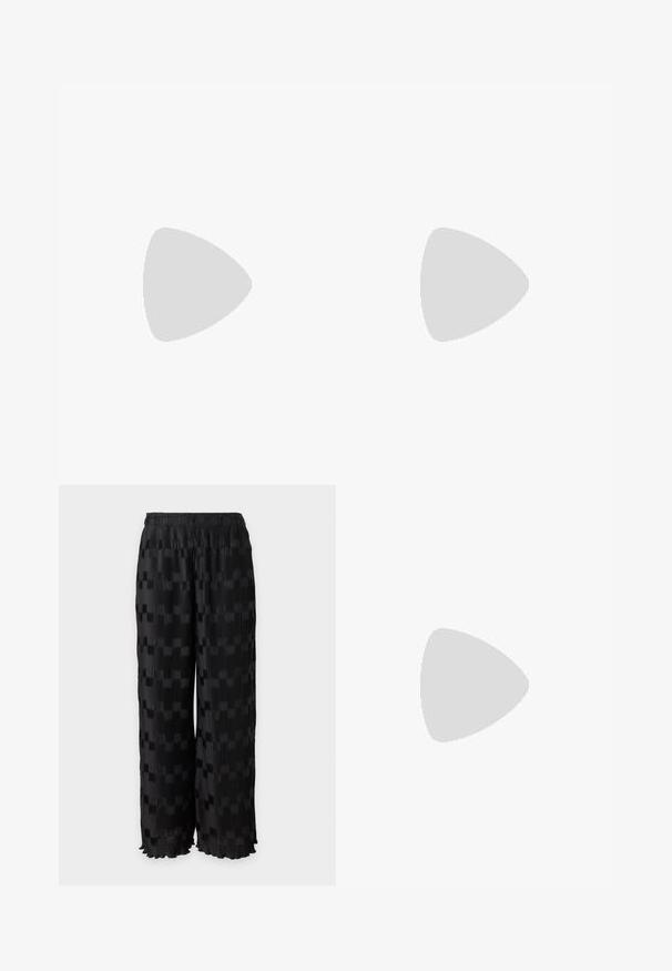 Gray short-sleeve t-shirt with a crew neck, featuring a dotted texture throughout. Made from soft fabric with a relaxed fit.; Black wide-leg pants with textured checkerboard and vertical pleats, elastic waistband, and slightly ruffled hems on a white background.; Black leather high heel shoe with a pointed toe and a round, balled heel. Smooth texture with a sleek, minimal design.; Black leather handbag with a gathered design, single strap, silver metal frame, and two large round silver clasp closures.
