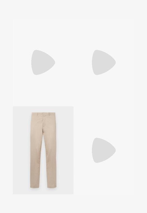 Camiseta de manga corta color beige claro, hecha de una tela suave, con el logo bordado "Emporio Armani Milano" en un tono ligeramente más oscuro.; Pantalones beige de pierna recta con trabillas para cinturón, cremallera frontal y cierre de botón, exhibidos extendidos sobre un fondo claro.; Zapatilla de cuero blanca con textura suave, puntera redonda y detalle de tira de color contrastante cerca de los cordones. Presenta una suela de goma y un logotipo en el lateral.; Gafas de sol rectangulares negras con lentes marrones claros, con un marco grueso, forma angular y un sutil acento dorado en las patas.