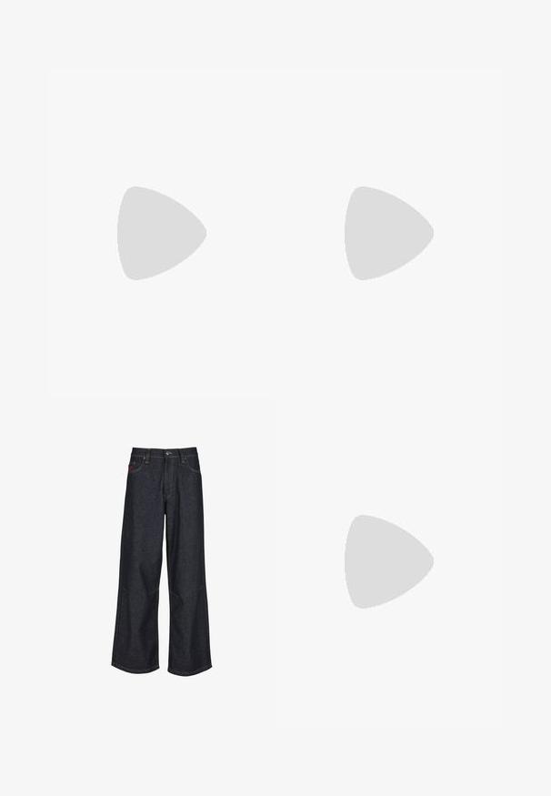 Tissu en maille noire avec poignets côtelés et détail de col en V visible en haut à gauche.; Jean à jambes larges bleu foncé en denim, avec un design classique à cinq poches, des surpiqûres contrastantes et une braguette à boutons.; Chaussure bateau en cuir marron avec semelle en caoutchouc, trous de lacets, et une tige cousue, présentant un motif texturé en relief sur le bout.; Lunettes de soleil rectangulaires sans monture avec des verres dégradés ambre et des branches et un pont en métal doré fins sur fond blanc.