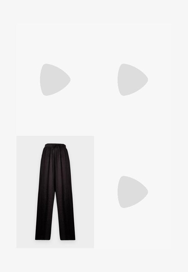 T-shirt en coton bleu clair à manches courtes et col rond, ornée d'un design brodé blanc complexe sur la poitrine.; Pantalons larges noirs avec taille élastique et texture léopard subtile, présentant un cordon de serrage à l'avant.; ALOHAS JOELLE ONIX - Escarpins - black; Sac à main en cuir noir brillant avec poignées courtes, bandoulière amovible et détails de couture discrètement courbés à l’avant.