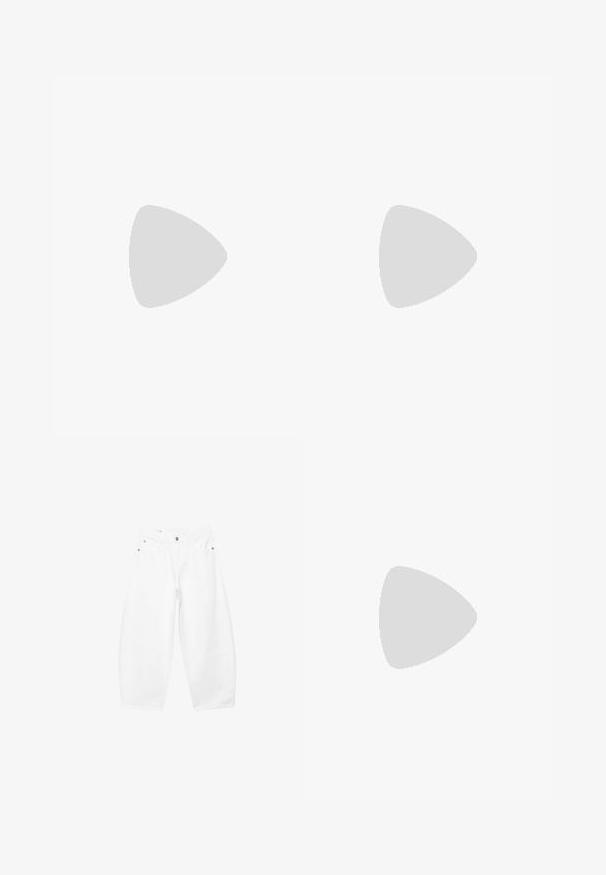 Haut sans manches blanc en tissu doux avec un large décolleté et des emmanchures allongées, présentant une texture lisse et un design minimaliste.; Jean blanc à jambes larges avec boutons et fermeture éclair à l'avant, passants pour ceinture, poches latérales et avant, présenté sur un fond uni.; Baskets en daim gris clair avec des accents en cuir blanc. Dotées d'une semelle texturée avec de petites pointes pour une meilleure adhérence. Conception à enfiler.; Sac à main en cuir bordeaux foncé avec texture tissée et une seule bandoulière courbée sur fond blanc.