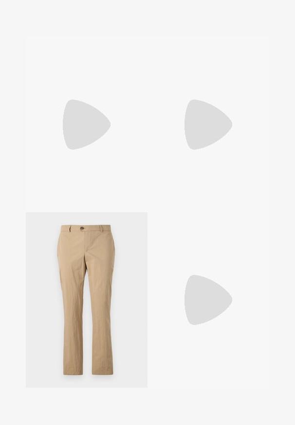 Camisa tipo polo púrpura con una tapeta de tres botones, mangas cortas y un pequeño logo de un pájaro amarillo en el lado izquierdo del pecho. Tejido de mezcla de algodón.; Pantalones de algodón beige con un diseño de pierna recta, que presentan un cierre de botón, trabillas para cinturón y una textura suave. Sin patrones visibles.; Zapatilla baja con ante beige, paneles de malla blanca, detalles en oliva, cordones blancos y suela de goma color caramelo sobre un fondo gris claro.; Bolso tote gris con bolsillo delantero con cremallera negra y asas negras sobre fondo liso.