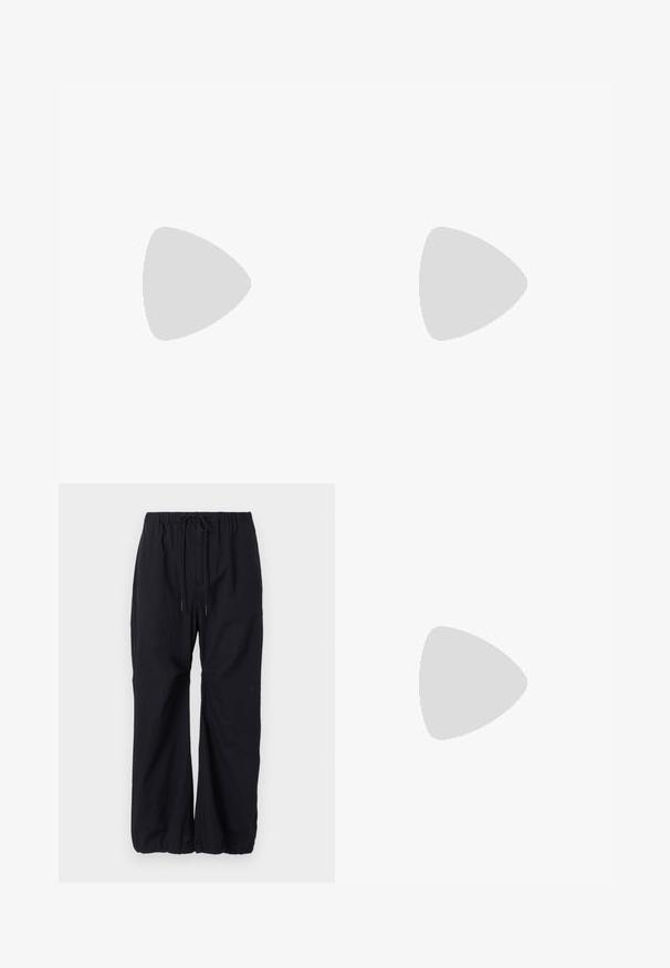 Dunkelgraues T-Shirt mit kurzen Ärmeln und Rundhalsausschnitt mit kleinem weißen "ALLSAINTS"-Logo auf der oberen linken Brust.; Schwarze, locker sitzende Hosen aus leichtem Stoff, mit einem elastischen Bund und Kordelzug sowie gerafften Säumen an den Knöcheln.; Schwarzer Lederloafer mit grauem Riemendetail, niedrigem Absatz und strukturierter Sohle, seitlich mit „HUGO“ in Gold gebrandmarkt.; HUGO Sonnenbrille - black