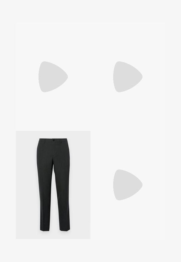 Polo bleu marine à manches courtes avec un motif texturé subtil, patte à deux boutons et col classique.; Pantalons gris foncé sur mesure, fabriqués en tissu lisse, avec une coupe droite, des poches avant et une fermeture à un bouton.; Baskets en cuir noir avec une texture lisse, bout rond et fermeture à lacets. Comprend une semelle en caoutchouc épaisse et un minimum de détails de marque.; Ceinture en cuir noir à texture lisse, boucle en métal argenté, et design épuré et simple. Comprend des trous pour un ajustement réglable.