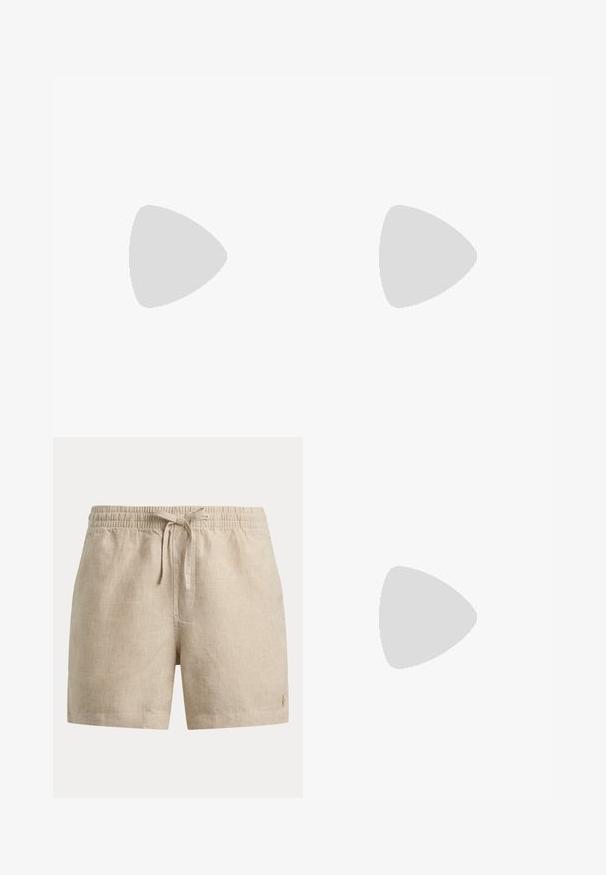 Beige pitkähihaisen poolopaidan teksturoitu neulos, napillinen kaulus ja raidat helmassa ja hihansuuissa. Rintakehällä hillitty brändäys.; Beigenruudulliset shortsit, joissa joustava vyötärö ja etukiristys, alla vasemmassa lahkeessa pieni kirjailtu logo.; Valkoiset sneakerit, joissa on sileä nahkapinta, beige nauhat ja teksturoitu beige mokkanahkakanta. Kohotettu pohja lisää korkeutta.; Harmaat suorakulmaiset aurinkolasit, joissa on gradienttilinssit, kirkas kehys ja kultaiset yksityiskohdat temppeleissä. Ominaisuuksina rohkea, geometrinen muotoilu.
